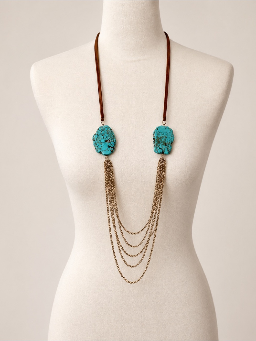 Boho Southwestern style faux turquoise stones gold tone chains long necklace